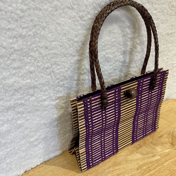 Rattan Woven Purple  Purse Handbag w/ Handmade Beaded Closure & Braided Handles - Picture 14 of 16